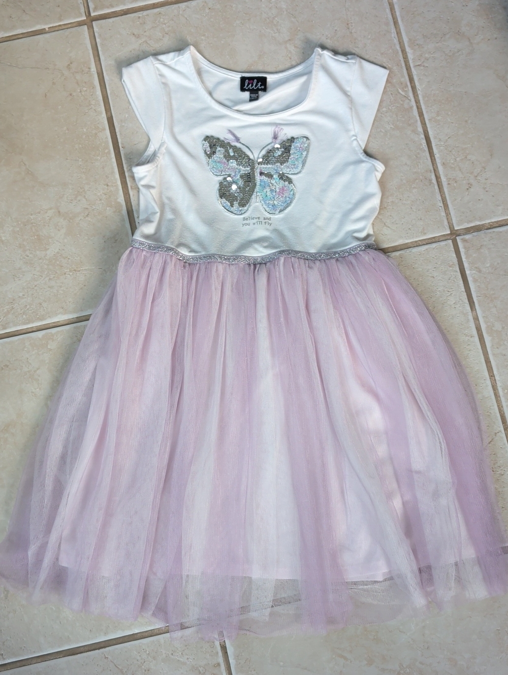 lilt White and Light Pink Sequin Butterfly Tulle Dress Girls Size 10